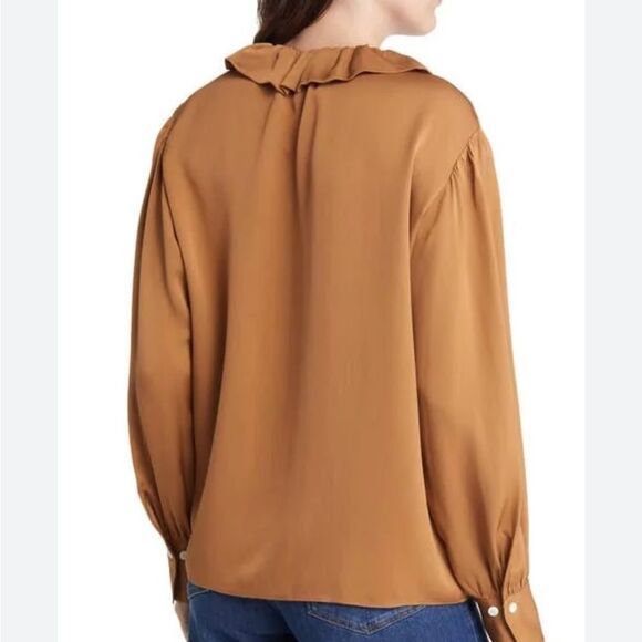 Frame Ruffle Collar V-Neck Silk Long Sleeve Blouse in Camel XS NWT $448 - Picture 2 of 4